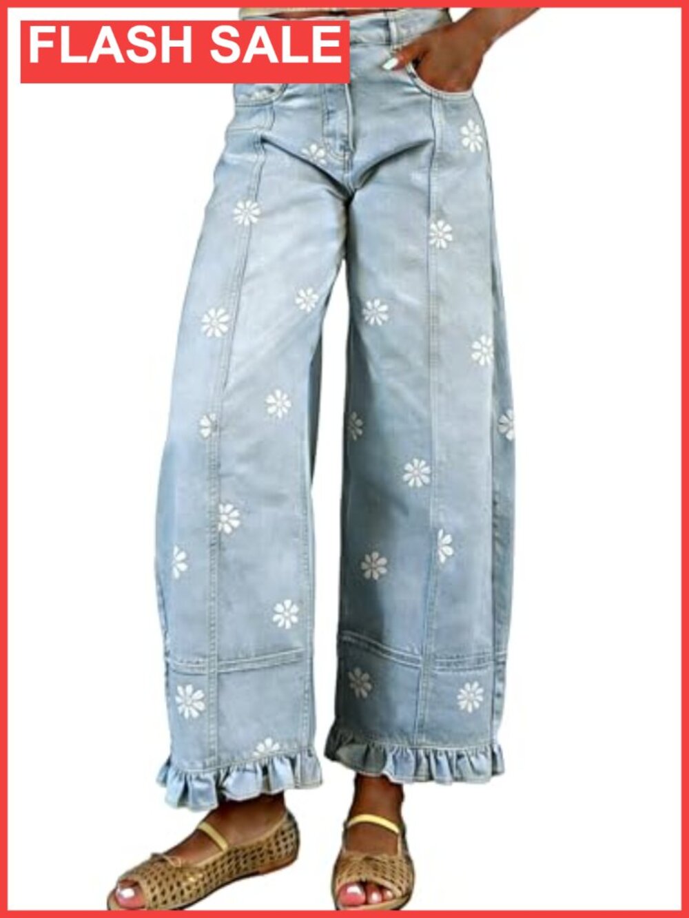 Floral Barrel Jeans Wide Leg Ankle Patchwork Boyfriend Denim Pants